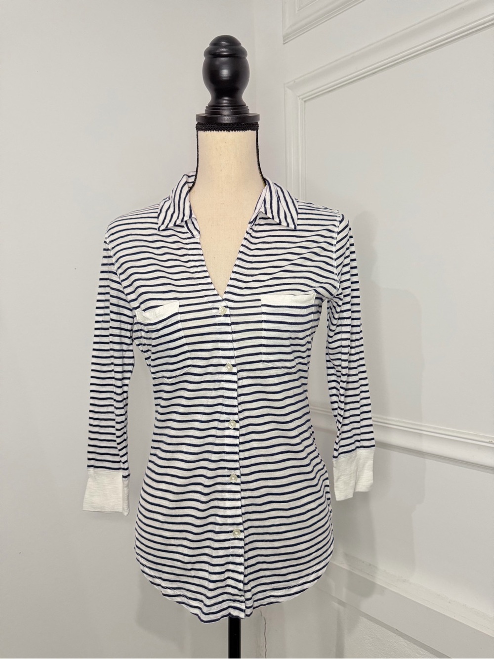 Express Navy and White Striped Button-Front Sleep Shirt
